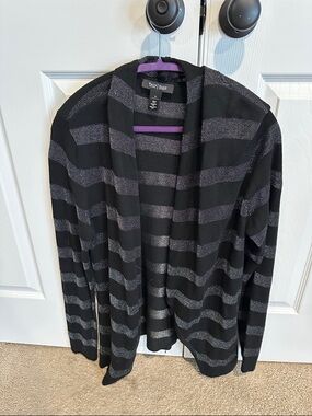 White House Black Market Black & Silver Striped Open Cardigan